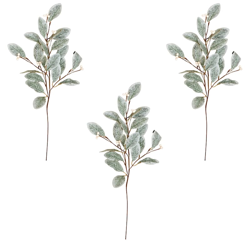 28" Magnolia Spray w/ Leaves & White Berries, Set of 3 - Green