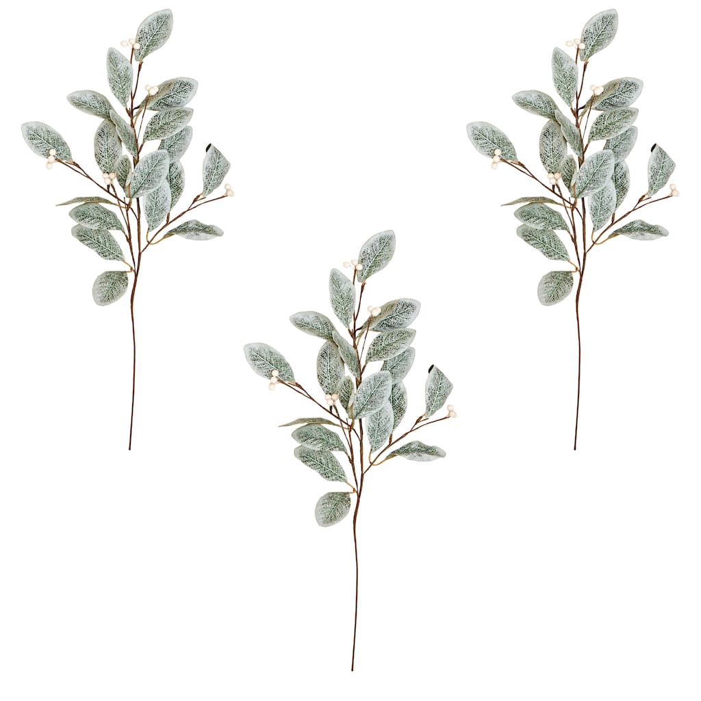 28" Magnolia Spray w/ Leaves & White Berries, Set of 3 - Green