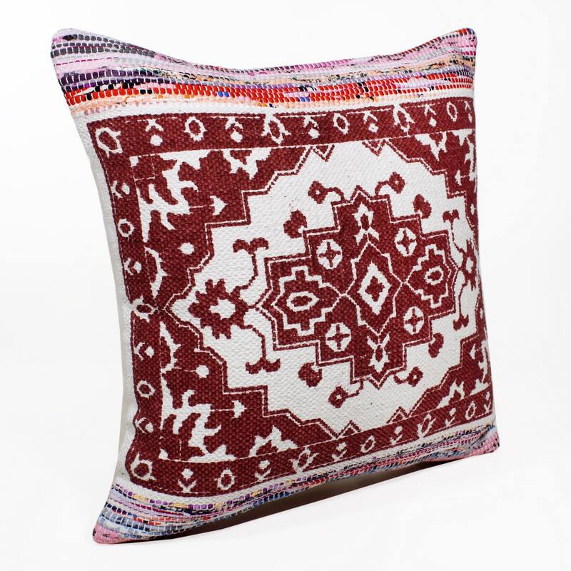 20" Red and White Bordered Medallion Mosaic Square Throw Pillow