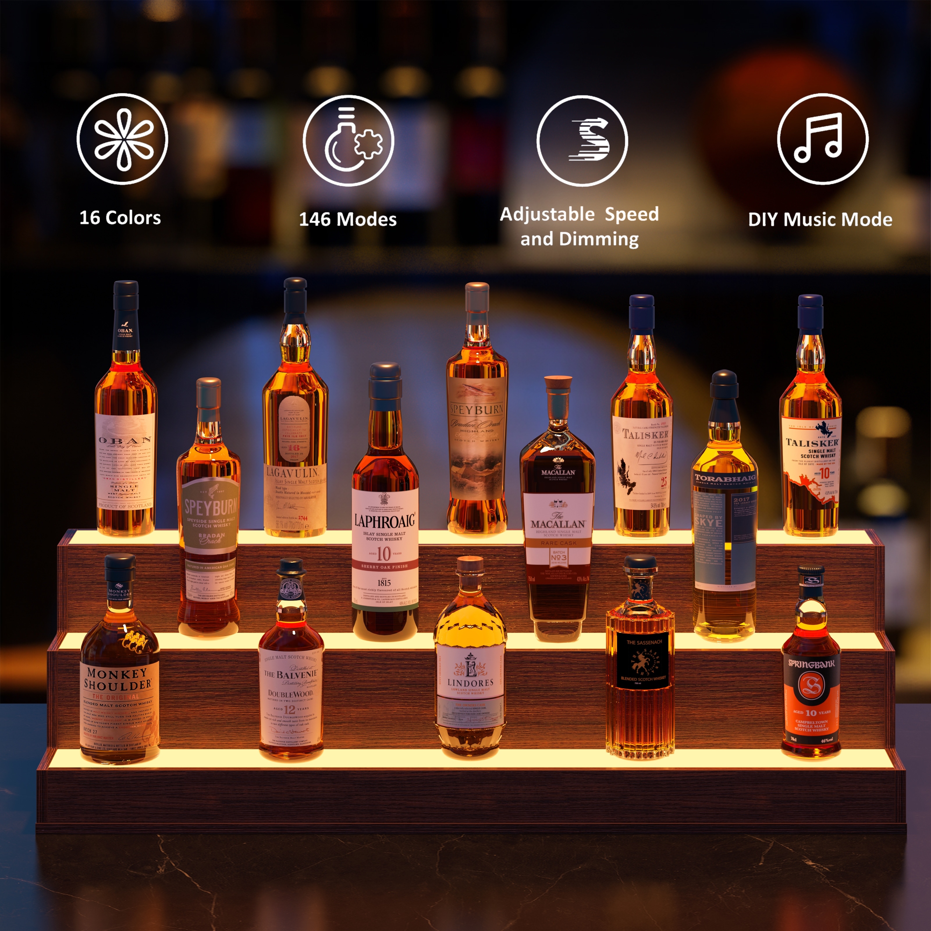 3-Tier Countertop Wine Storage Shelf, Liquor Bottle Display Shelves, LED Light Wine Bakers Rack with Remote Control