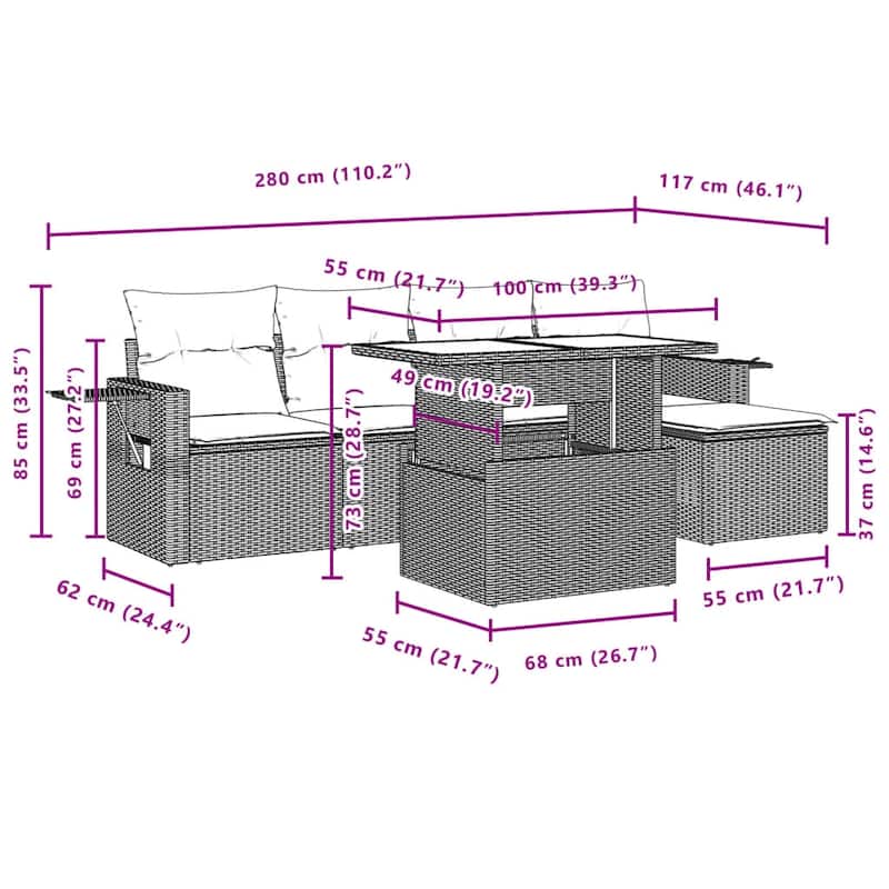 vidaXL Patio Sofa Set with Cushions Outdoor Furniture 6 Piece Poly Rattan - 21.7 x 39.4 x 28.7
