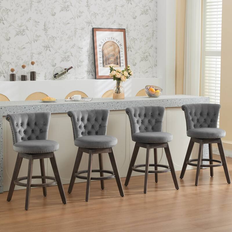 Velvet Upholstered Counter Height Bar Stools Set of 2, Tufted Button Swivel Bar Stools, Kitchen Counter Stools with Wood Legs
