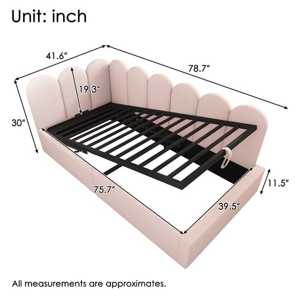 dimension image slide 0 of 2, Twin Size Velvet Upholstered Daybed with Hydraulic Storage, Metal Slatted Frame & Interchangeable Side Panels