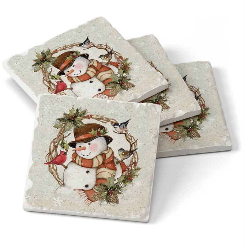 Absorbent Stone Beverage Coasters - Set of 4 - - Winter Forest Snowman - Multi-64