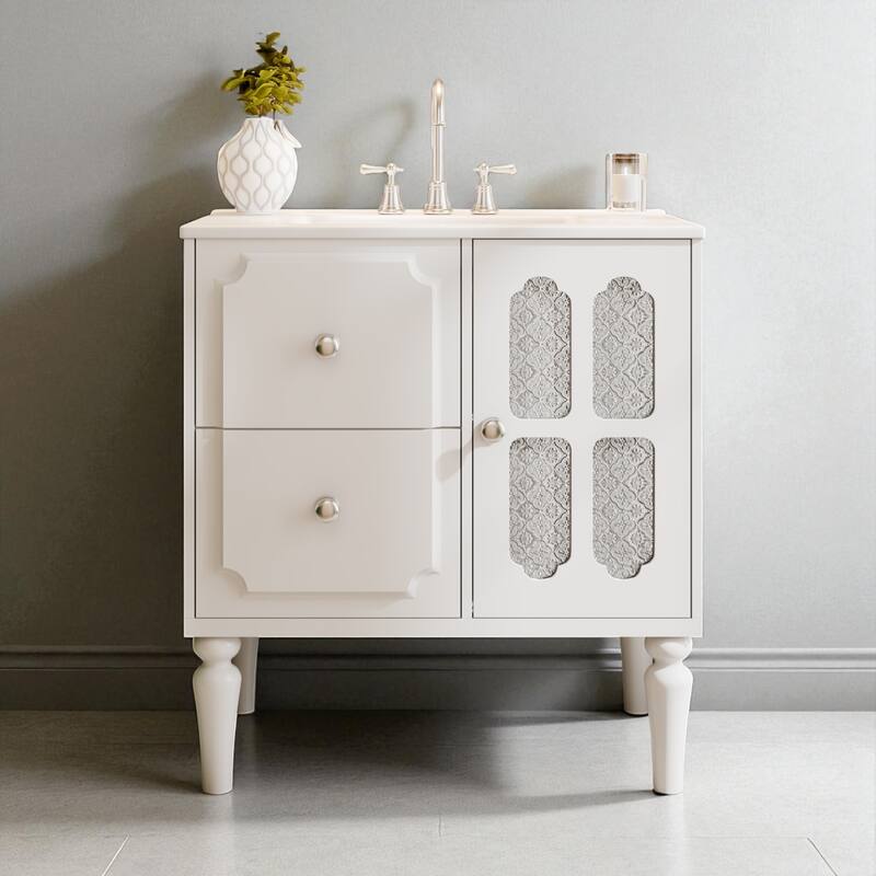 30" Retro Bathroom Vanity with Ceramic Sink, Freestanding Single Cabinet with 2 Drawers and Solid Wood Frame - White