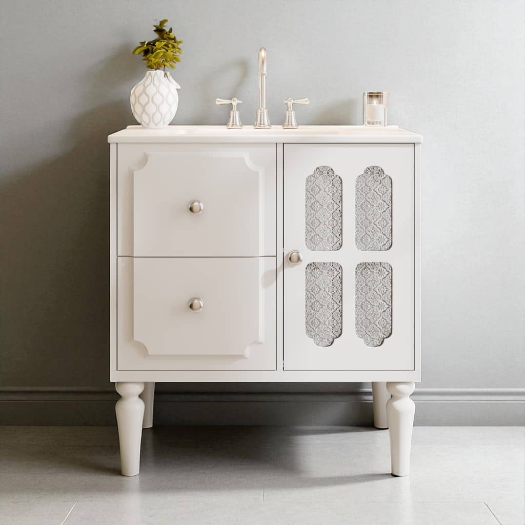 30" Retro Bathroom Vanity with Ceramic Sink, Freestanding Single Cabinet with 2 Drawers and Solid Wood Frame