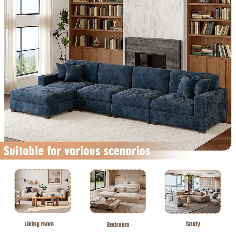 Oversized Chenille Modular Sectional Sofa Living Room Set with Ottoman