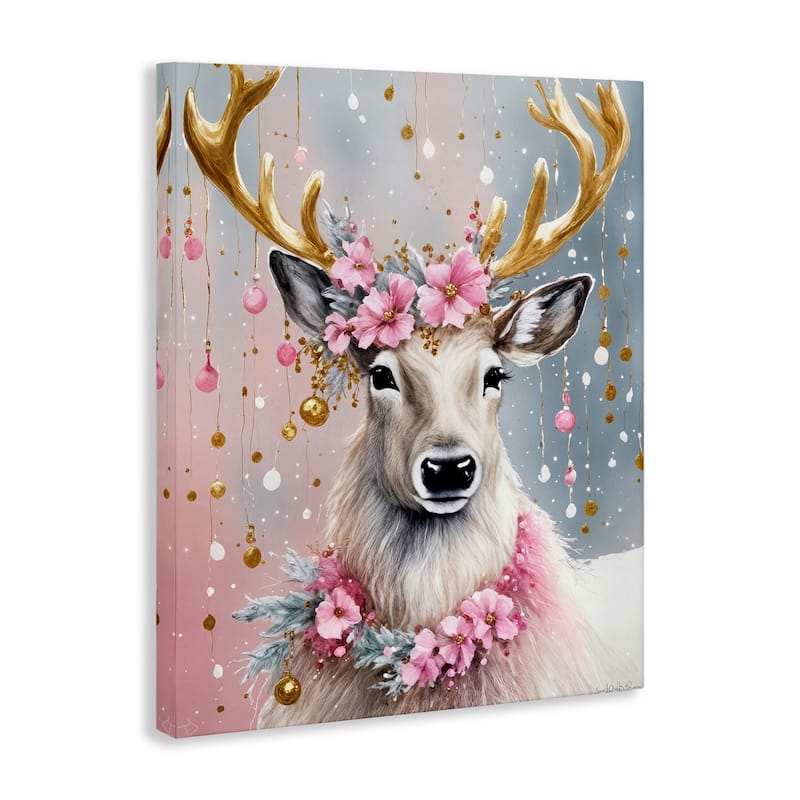 Stupell Pink Floral Festive Reindeer Canvas Wall Art Design By Tabz Jones