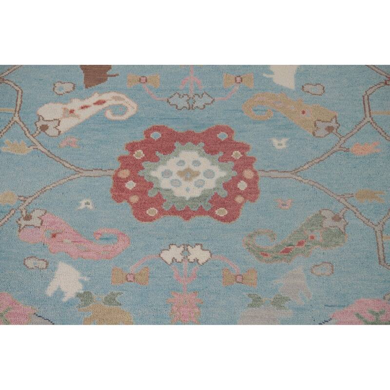 Light Blue Floral Oushak Oriental Area Rug Hand-Knotted Wool Carpet - 8'11" x 11'8"