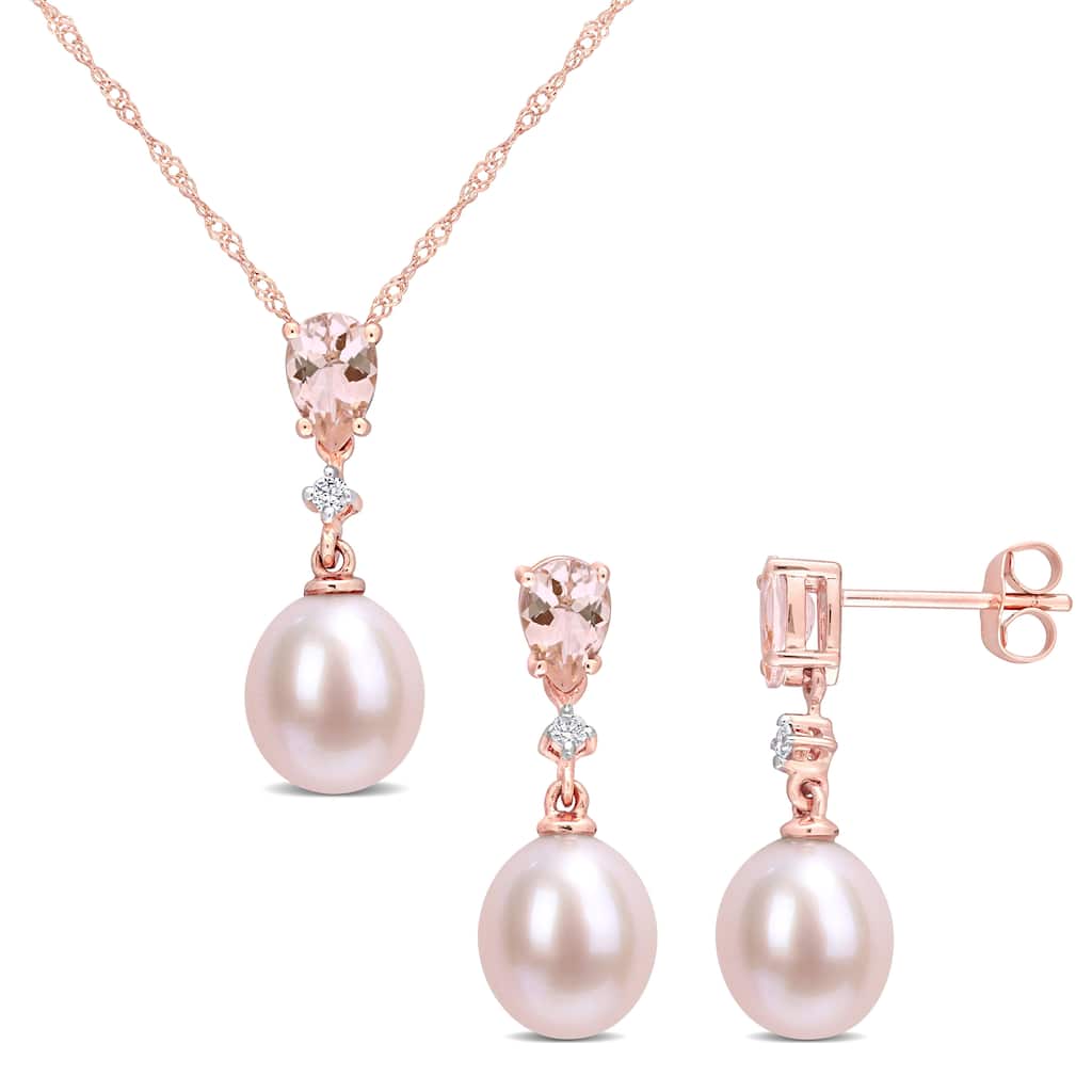 Miadora Cultured FW Pearl, Morganite & Diamond Accent Earrings & Necklace in 10k Rose Gold (9-9.5mm)