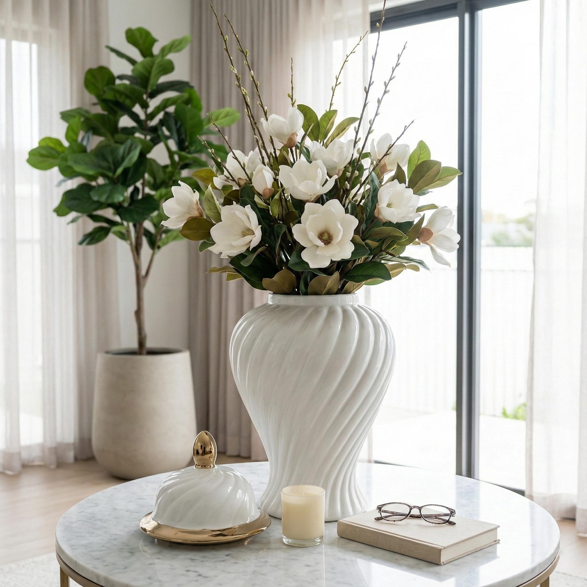 Sagebrook Home Ceramic 20" Swirl Temple Jar, White/Gold, Cylinder, 20"H, Swirl - 11" x 11" x 20"