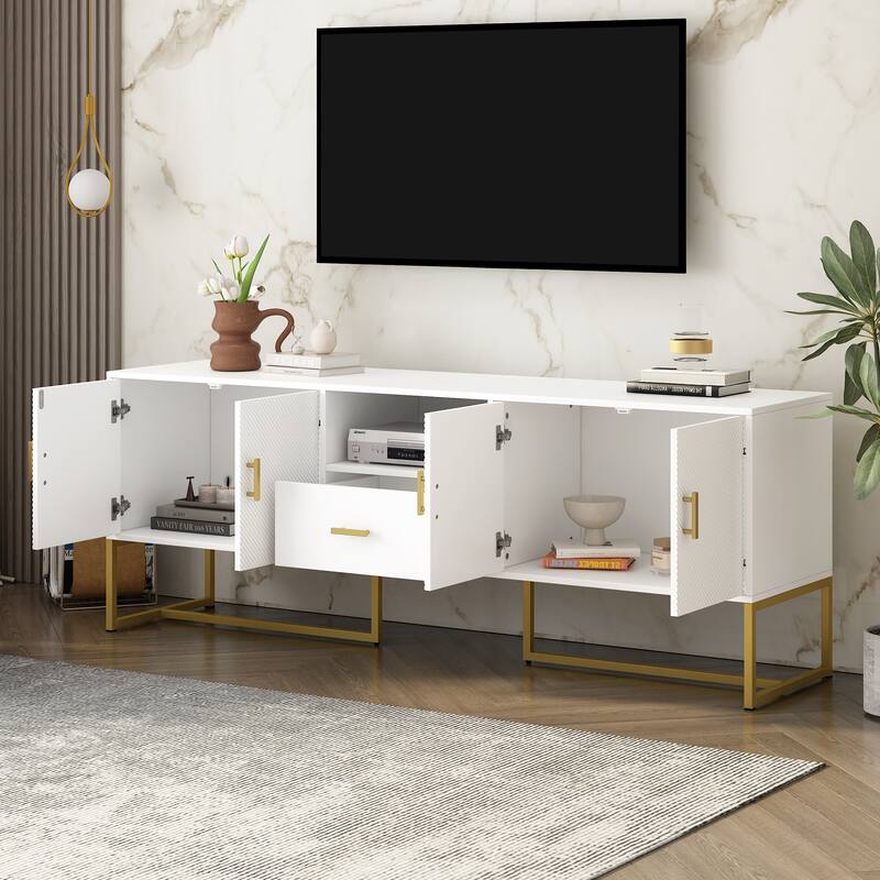 Roomfitters Modern TV Stand for up to 70 Inch TV, Media Cabinet with Drawer, Metal Legs and Safety Features, Black