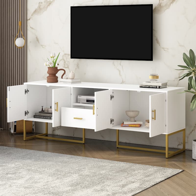 Wooden TV Stand with Irregular Legs Rectangular Decorative Media Center with Storage 4 Doors TV Cabinet for TV up to 70"