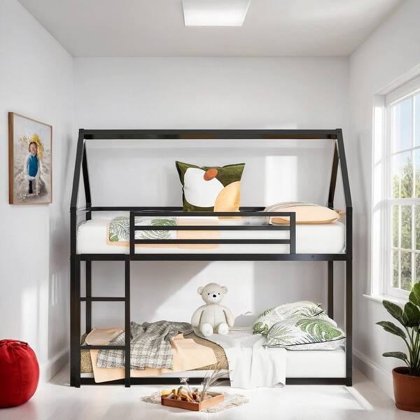 slide 2 of 12, Twin over Twin Bunk Bed with Built-in Ladder, House-shaped Bed wtih Safety Guardrail, Kid's Friendly Style, Black