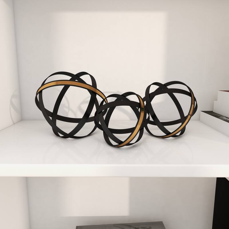Black Metal Geometric Decorative Sculpture with Gold Accents (Set of 3)