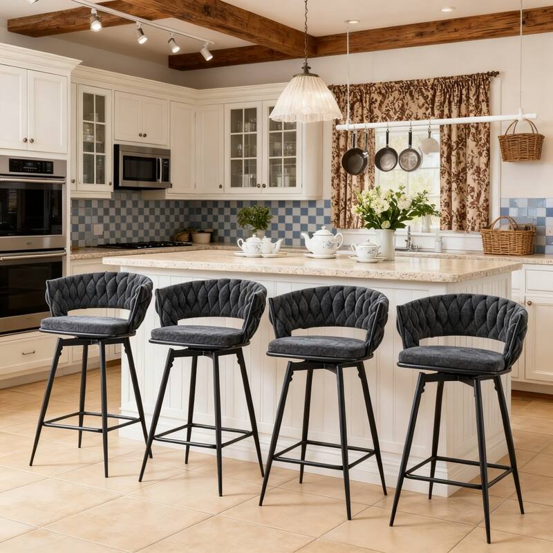 Set of 4 Swivel Bar Stools with Linen-Cotton Seats, 300lb Capacity Heavy Duty Iron Frame - Blackish Gray