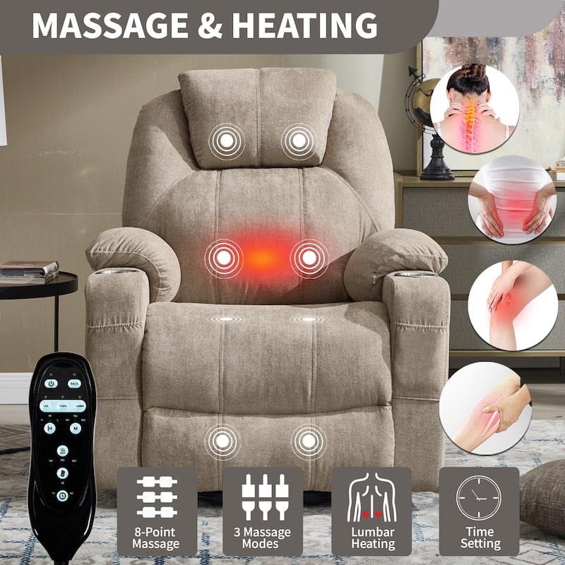 Power Lift Recliner Chair for Elderly Heated Vibration Massage, Lounge Sofa with USB Ports, Cup Holders & Side Pockets - khaki