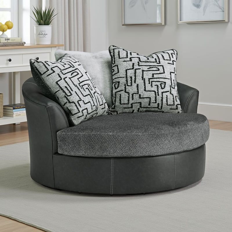Burt Swivel Oversize Accent Chair w Pillows, Gray Fabric, Faux Leather