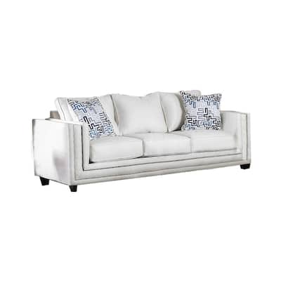 Chenille And Wooden Sofa with Track Arms Design in Off-White