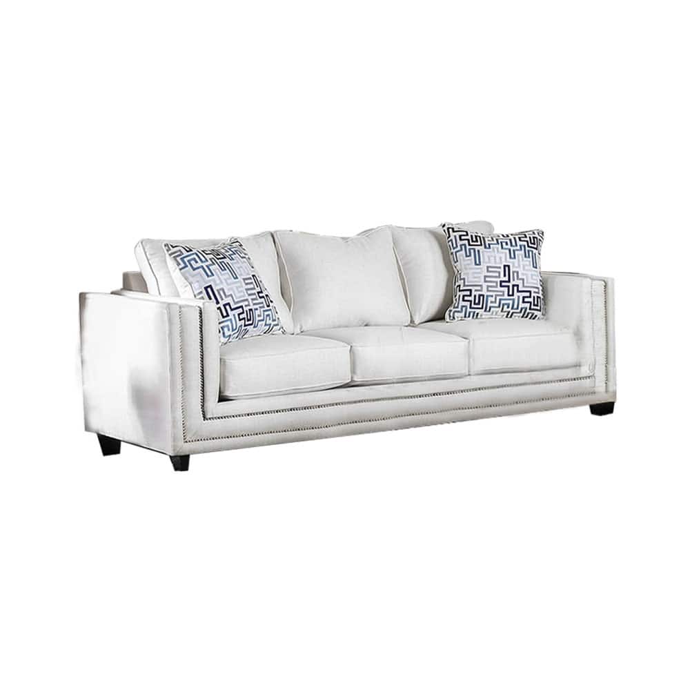Chenille And Wooden Sofa with Track Arms Design in Off-White