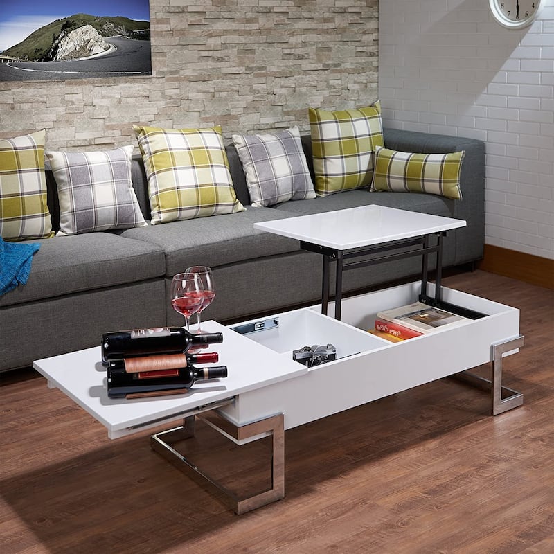 47-Inch White and Silver Lift Top Coffee Table with Metal Sled Base - 47” x 20” x 14”