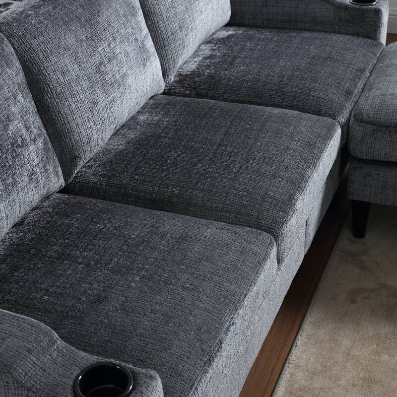 Modular Sectional Sofa with Storage Ottoman, Comfy Chenille Fabric Sofa, 3-Seater Sofa with Side Pockets & 2 Cup Holders