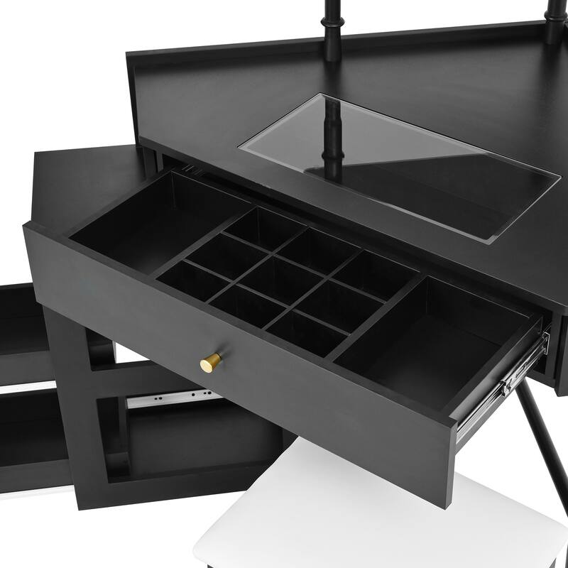 Corner Vanity Desk Set with Storage Stool, Glass Tabletop Makeup Vanity, Dressing Table with Side Cabinet, Drawer & Shelf