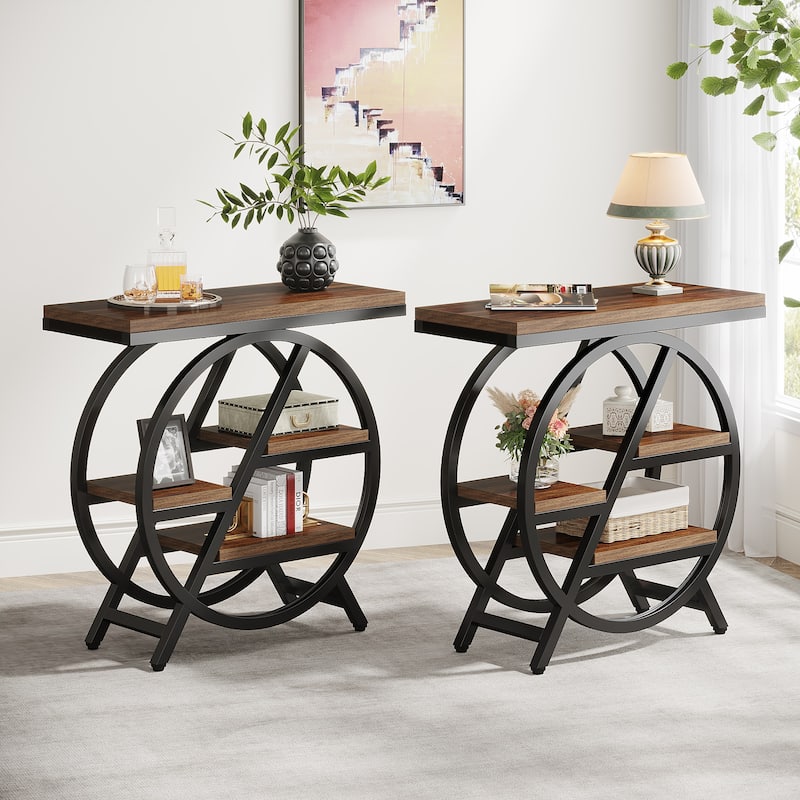 End Table Set of 2, 3-tier Narrow Side Table with Storage for Living Room - 11.8" D x 25.59" W x 26.18" H - Rustic Brown