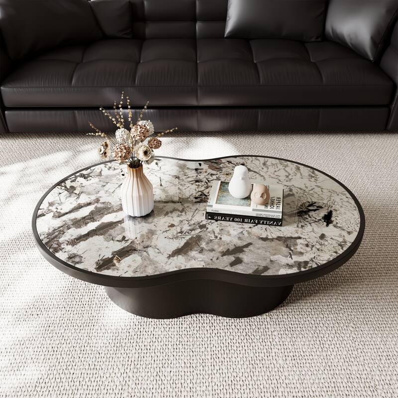 43.31" Round Coffee Table, Glossy Faux Marble Table top, Black Wood Base