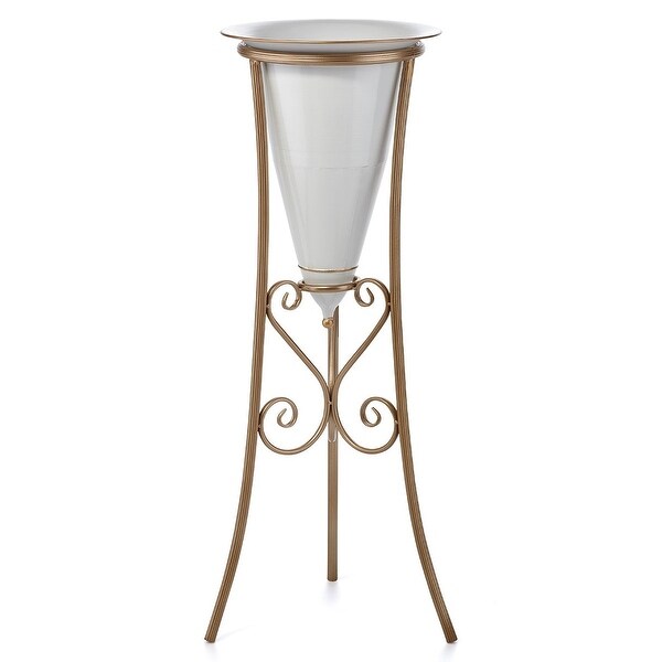 36" White Cone-Shaped Planter with Gold Colored Stand ...