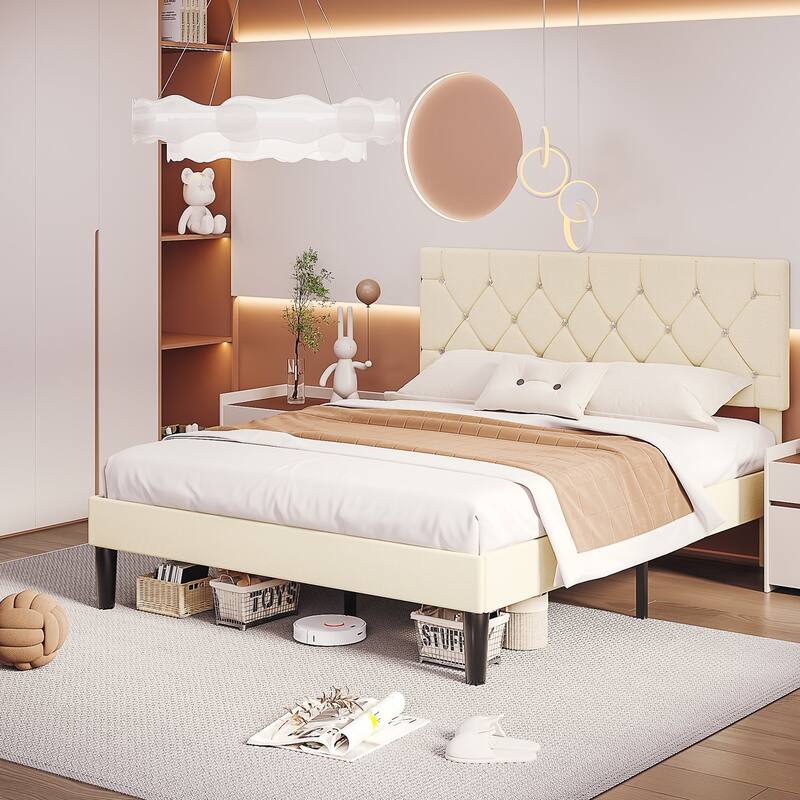 VECELO Upholstered Beds With Diamond Tufted Headboard, Platform Bed Frame, 7.9'' Under Bed Space