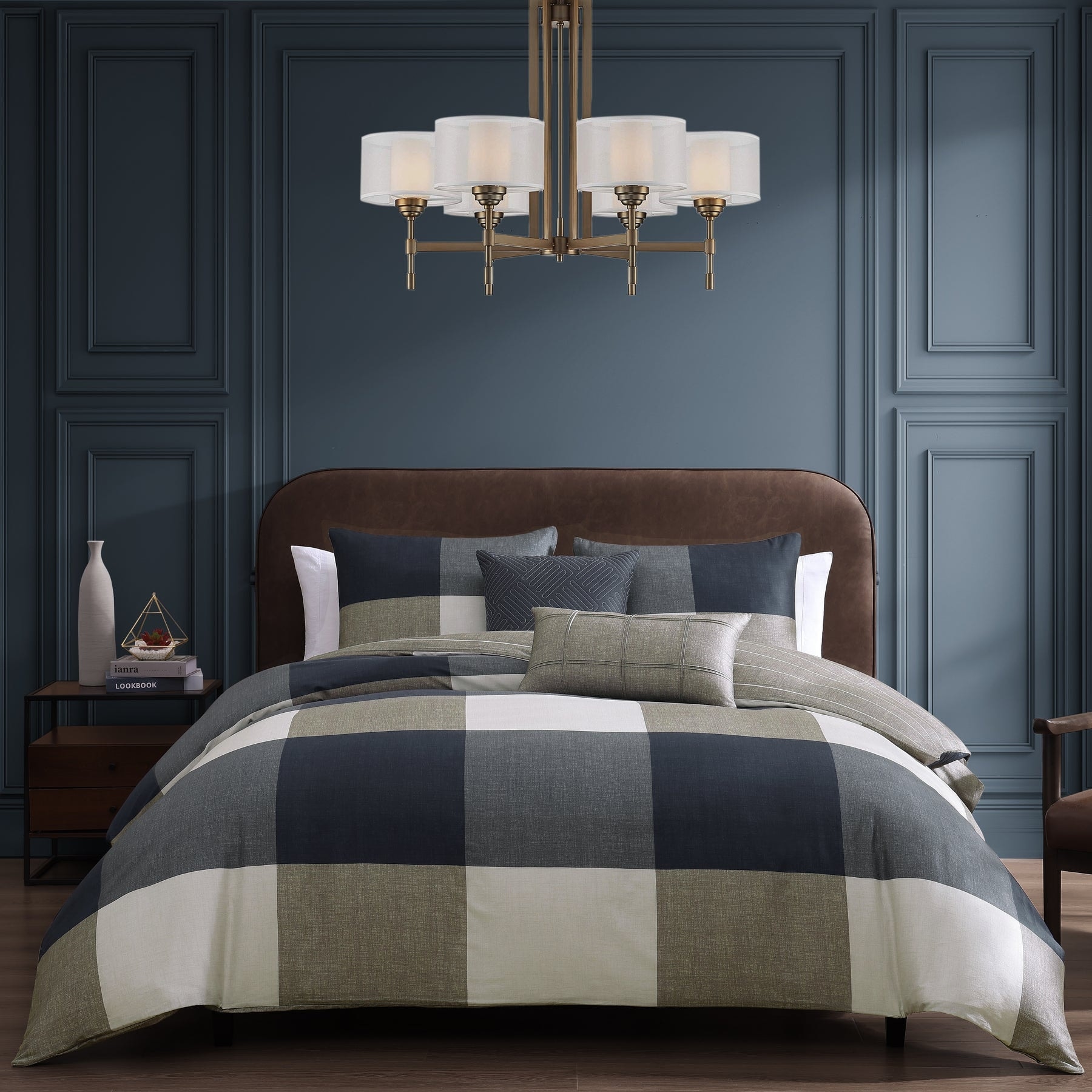 Bebejan Checkered Navy Tan 100% Cotton Sateen 5 Piece Reversible Comforter Set