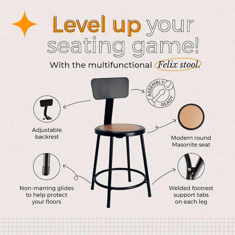 Hampden Furnishings Felix Collection Steel Stool with Backrest, AssemblyReady