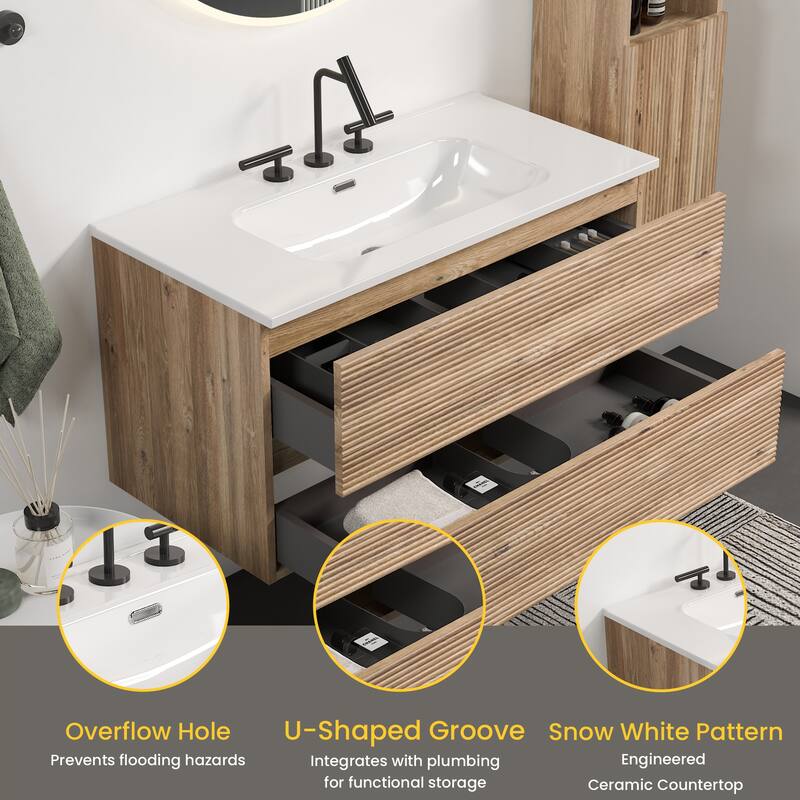 GDFStudio - Gloria Modern Wall-Mounted Floating Bathroom Vanity with Integrated Ceramic Basin & Soft-Close Drawers