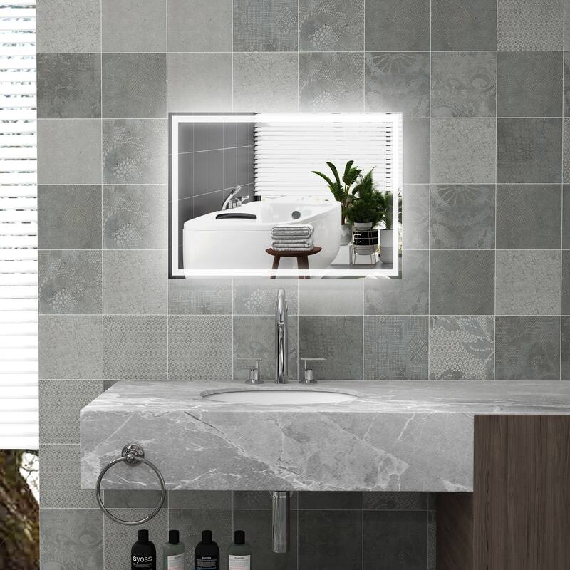 Silver LED Bathroom Wall Mirror with Touch Switch and Outline Lighting - 31.5" L x 23.5" W x 1.5" D - Silver