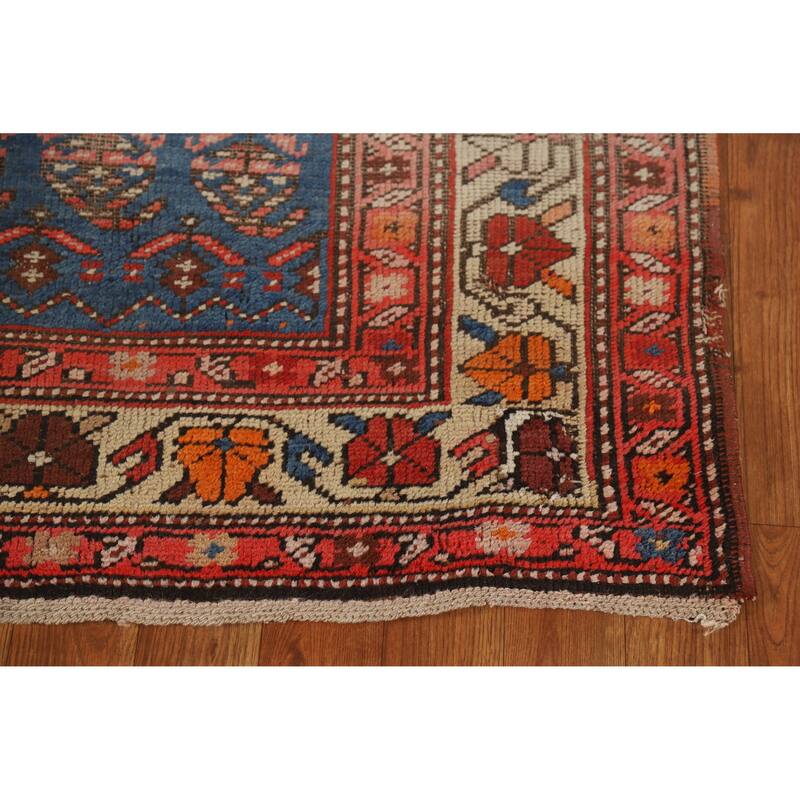 Hand Knotted Oriental 100% Wool Carpet Traditional Geometric Navy Blue & Blues Heriz Runner Rug - 15' 0'' X 3' 6''