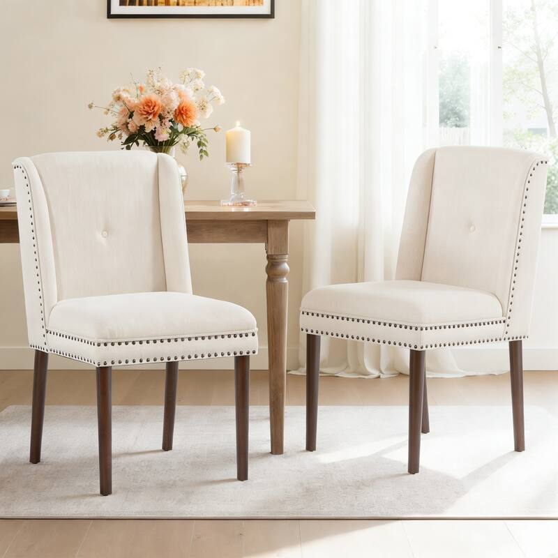 Christopher Knight Home - Light Luxury Upholstered Dining Chair with Rivet Trim & Rubber Wood Legs - Set of 2 - Beige+Walnut