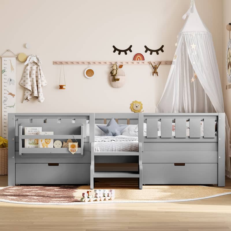 Multiple Colors Toddler Montessori Bed Children's Platform Bed with Low Profile Stairs, Built-in Bookshelf and Storage Drawers