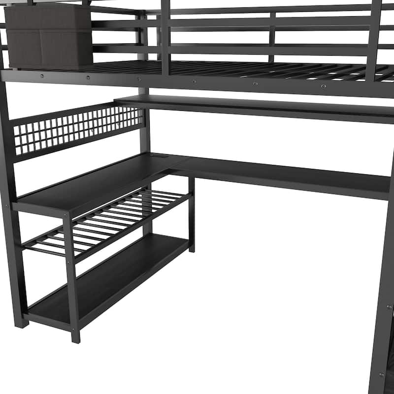 Full Size Loft Bed with Staircase and Wardrobe with Desk, Storage Shelves, LED Lights and Charge Station,Black