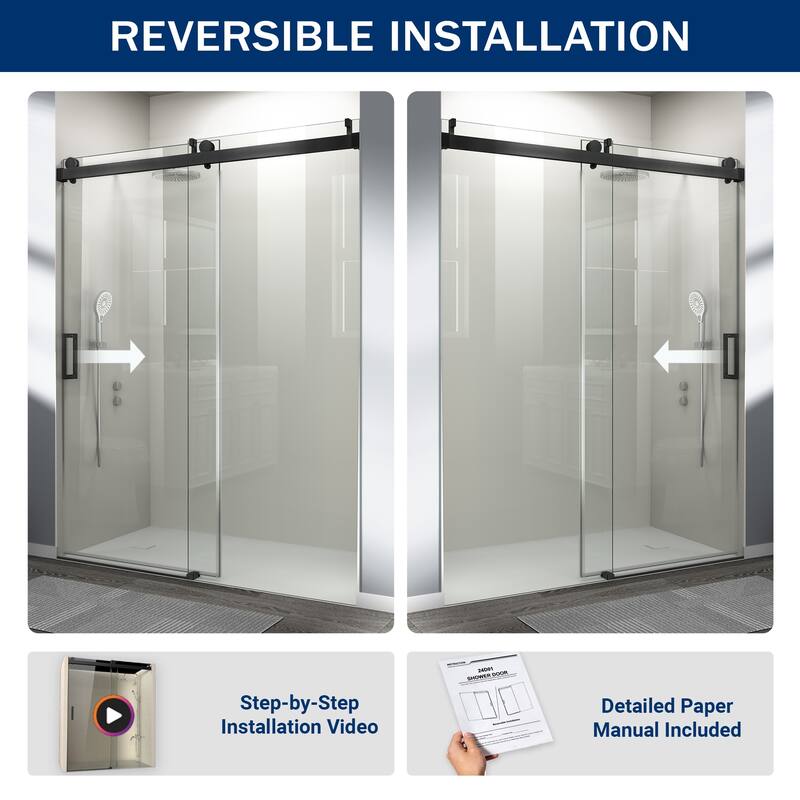 ABRUZZO 56-60" W x 76" H Frameless Soft-Closing Single Sliding Shower Door 1/4" (6mm) Explosion-Proof Tempered Glass