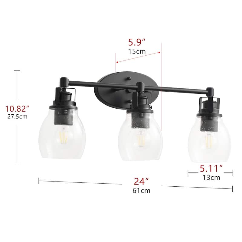 Modern 3-Light Bathroom Vanity Light in Black Finish with Seeded Glass Shade