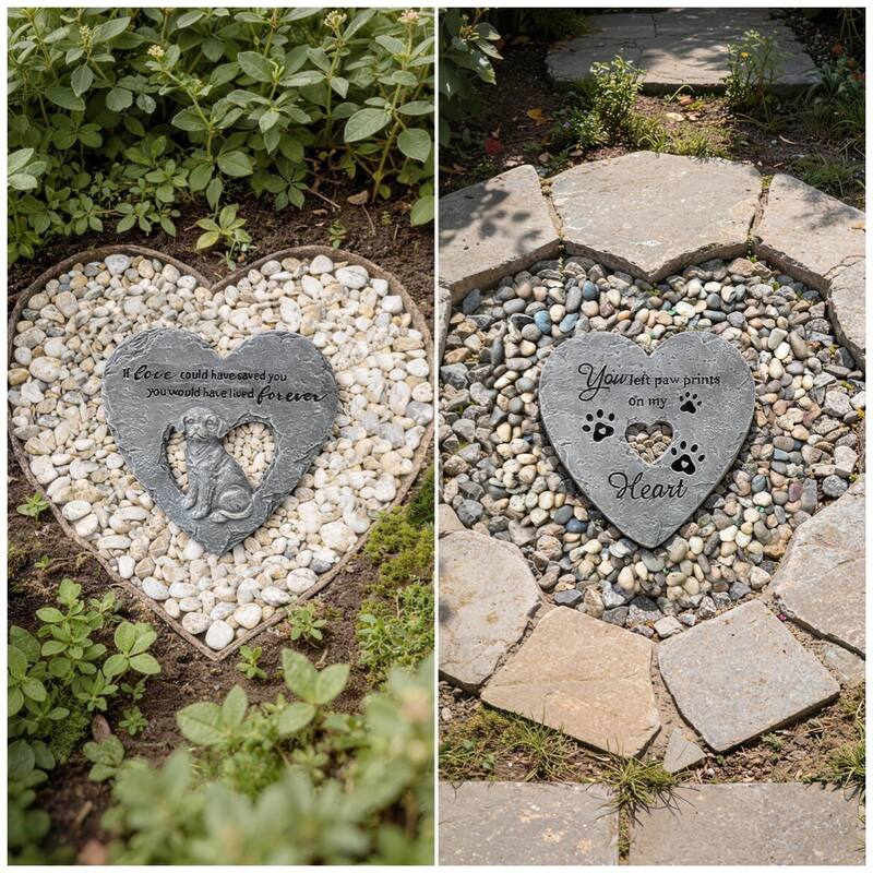 Glitzhome 2-Piece Cement Heart Shaped Paw Prints and Dog Memory Stepping Stones - 10 in