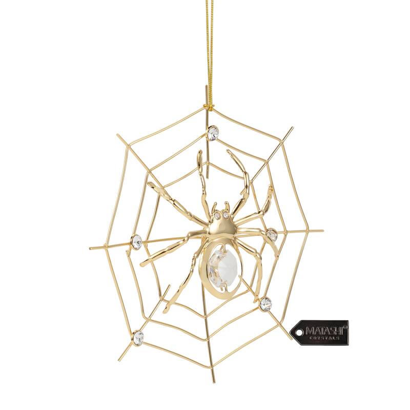 Matashi 24K Gold Plated Crystal Studded Spider Hanging Ornaments for Christmas Tree Tinsel Legend Spider on Web Ornament