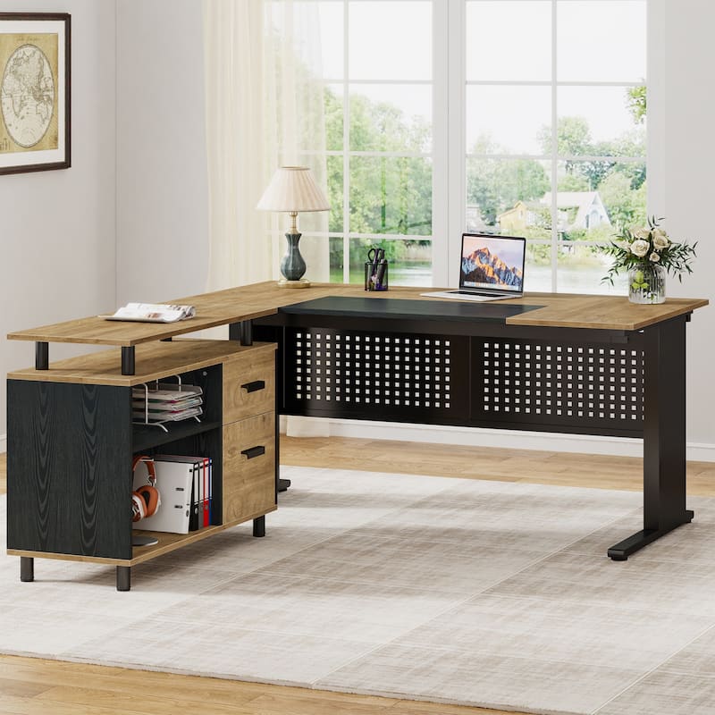 63 Inch Executive Desk with File Cabinet, Large Office Desk L Shaped Computer Desk - Light Brown/Black