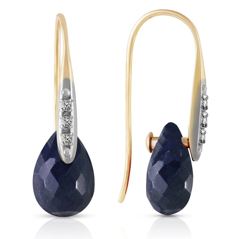 14K Solid Gold Hook Earrings w/ Diamonds & Dangling Dyed Sapphires - Yellow
