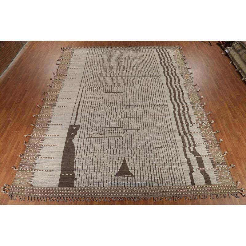 Striped Moroccan Oriental Large Area Rug Hand-Knotted Wool Carpet - 12'0"x 15'8"