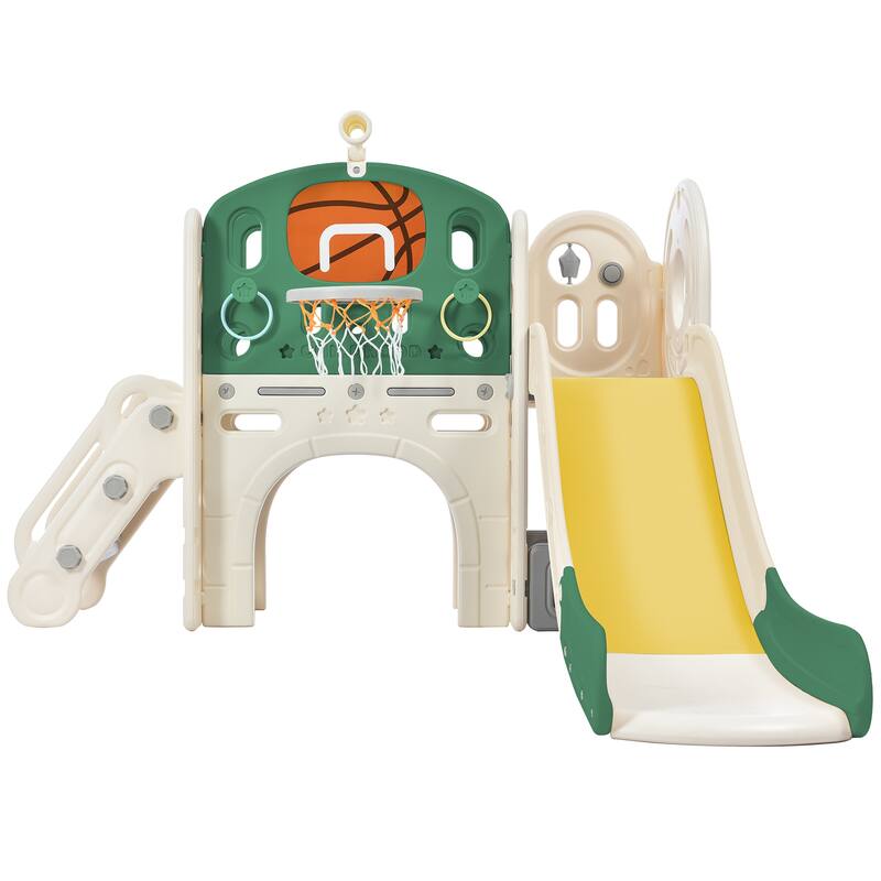 Climbing Crawling Playhouse Freestanding Arch Tunnel With Slide Ring Toss Basketball Hoop Toy Storage Organizer