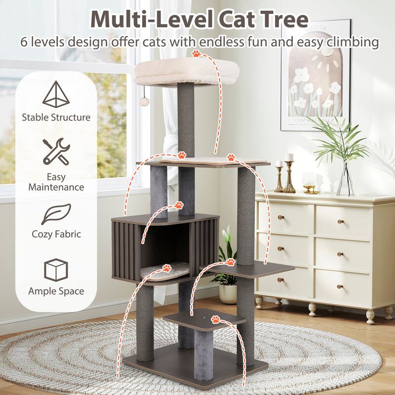 Gymax 59.5'' Tall Cat Tower w/Cushion Top Perch Detachable Mats
