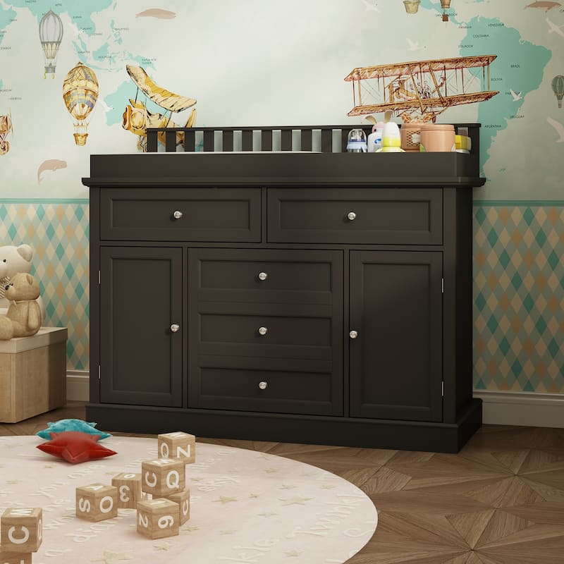 Classic White Baby Changing Table with Storage Cabinets and Drawers