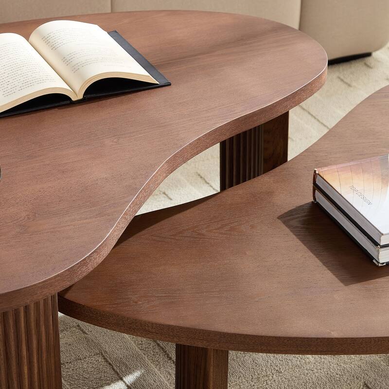 Irregular Shape Coffee Table Set, Two-Piece Staggered Height End Table, Accent Table with Embossed Legs